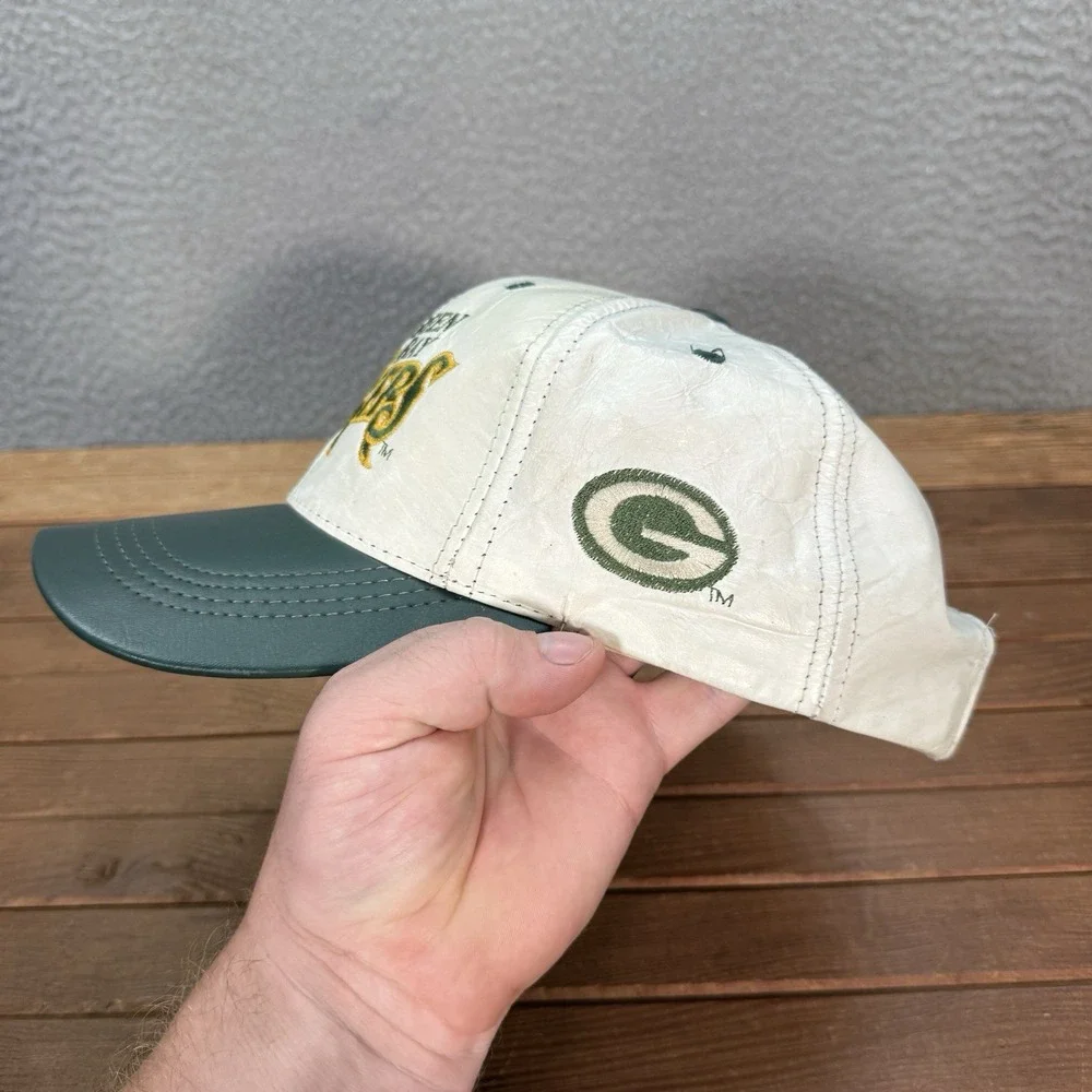Vintage Green Bay Packers Hat Adult‎ White Green Leather Snapback Cap NFL 90s